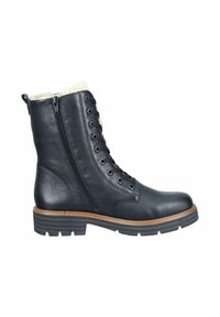 Botas de tobillo de cuero negro con revestimiento de piel sintética, cordones en la parte delantera y cremallera lateral; cuentan con una suela de goma resistente con acento de madera.
