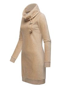 Beige cowl-neck dress made of soft, textured fabric. Features long sleeves, adjustable drawstring, and a relaxed fit.