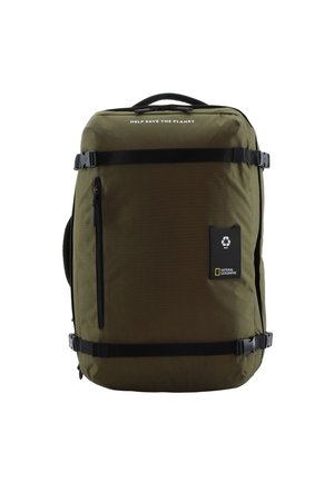 Olive green rectangular backpack made of durable fabric. Features a zippered pocket, adjustable straps, and prominent text: "HELP SAVE THE PLANET."