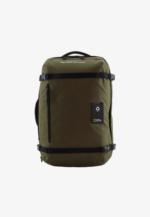 Olive green rectangular backpack made of durable fabric. Features a zippered pocket, adjustable straps, and prominent text: "HELP SAVE THE PLANET."