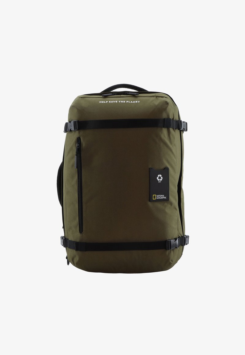 Olivgrüner rechteckiger Rucksack aus robustem Material. Hat eine Reißverschlusstasche, verstellbare Träger und einen auffälligen Text: "HILF MIT, DEN PLANETEN ZU RETTEN."