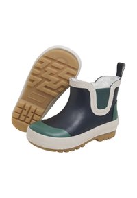 Bottes de cheville en caoutchouc navy avec des accents teal, semelle texturée blanche, panneaux latéraux élastiques et doublure en fausse fourrure pour plus de chaleur.