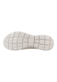Suola della scarpa, materiale in gomma, superficie testurizzata con motivi esagonali e rettangolari, colore prevalentemente bianco, progettata per la trazione.