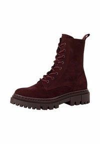 Botine din suede burgundy cu șireturi, cu un toc din cauciuc solid, având tab pentru tras și un design cu vârf rotund, cu accente texturate.