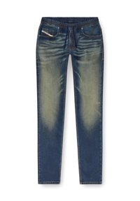 Jean en denim avec un délavage bleu, taille élastique et cinq poches. Présente des coutures contrastantes et un léger effet d'usure.