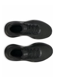 Black athletic shoes with a textured knit upper, flat laces, and a cushioned sole. The design is streamlined with subtle branding.