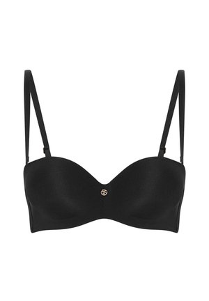 Schwarzer gepolsterter Unterwäsch-BH mit glatter Textur, verstellbaren Trägern und einem goldfarbenen Logo-Detail in der Mitte.
