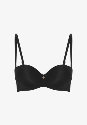 Czarny, wyściełany biustonosz z drutem, o gładkiej fakturze, z regulowanymi ramiączkami i detalem z logo w odcieniu złota na środku.