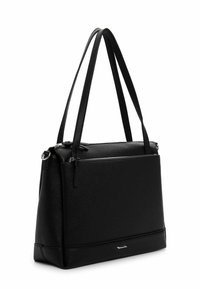 Czarna skórzana torebka o ustrukturyzowanym kształcie, z zamkiem błyskawicznym na górze, dwoma długimi uchwytami oraz subtelnym logo na dole. Wykończenie z fakturą.