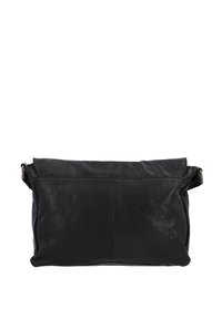 Borsa a spalla rettangolare in pelle nera con pattina pieghevole e tracolla regolabile, vista dal retro.