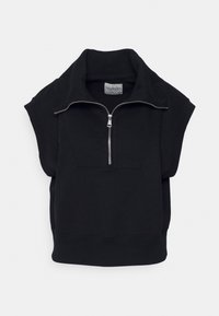 Černý svetr s vysokým límcem a krátkými rukávy, vybavený předním zipem a měkkou sweatshirt tkaninou, která se vyznačuje minimalistickým designem.
