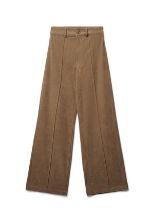Pantaloni ampi in corduroy marrone con una texture liscia, caratterizzati da pieghe frontali e una chiusura con bottone in vita.