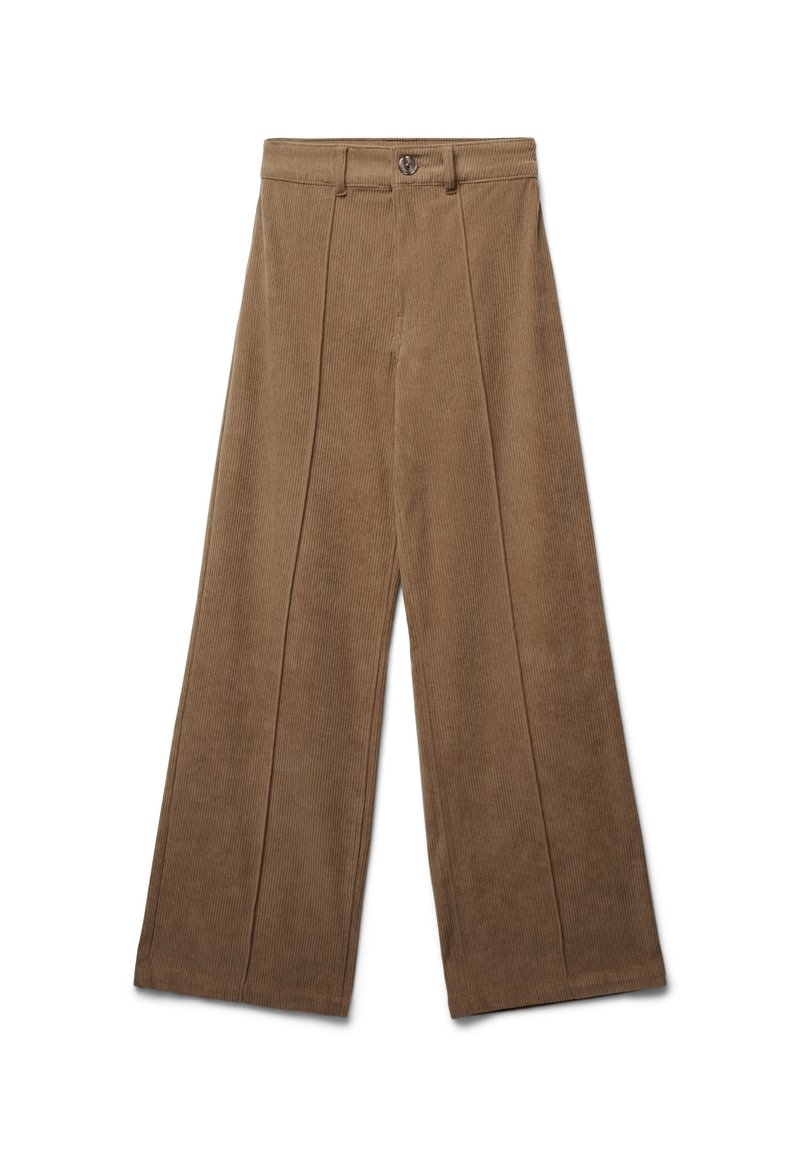 Pantaloni ampi in corduroy marrone con una texture liscia, caratterizzati da pieghe frontali e una chiusura con bottone in vita.