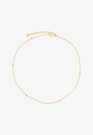 Gold-tone chain necklace with small white beads and gold accents. Features a lobster clasp and adjustable length with a curved extension chain.