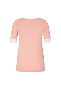 Krátký rukáv, korálová tričko s kulatým výstřihem a kontrastními bílými manžetami. Hladká, elastická látka. Jednoduchý, čistý design bez vzorů.