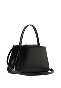 Zwarte leren handtas met gestructureerd ontwerp, dubbele handvatten en afneembare schouderriem. Beschikt over een gladde textuur en minimalistische accenten.