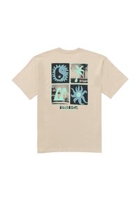 Beige cotton t-shirt featuring a graphic design on the back with four squares, each displaying different colorful abstract shapes and patterns.