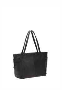 Czarna skórzana torba na ramię z dwoma długimi uchwytami, o gładkiej teksturze i bocznymi kieszeniami na zamek do przechowywania. Prostokątny kształt.