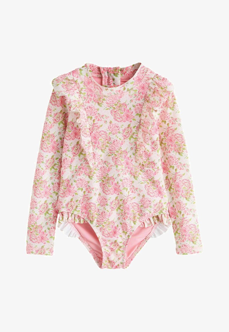 Costume da bagno a maniche lunghe con motivo floreale rosa su sfondo bianco, con dettagli arricciati e fodera interna rosa.