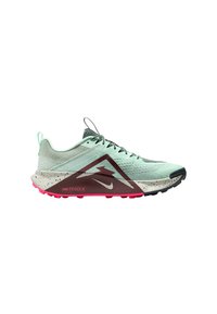 Buty do biegania w terenie Nike ReactX w miętowym zielonym i bordowym kolorze, z teksturowaną górną częścią, kontrastującą różową podeszwą i szarymi akcentami.