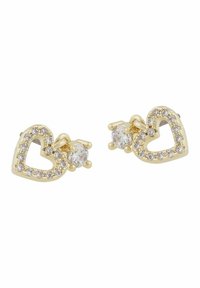 Hjärtfomade örhängen i guldfärg med klara rhinestones och en rund ställning för stenen, med en öppen mittdesign.