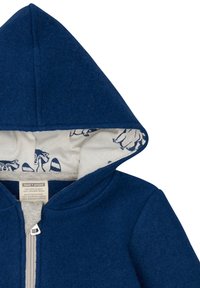 Blaue Wolljacke mit Kapuze und Reißverschluss, ausgestattet mit einem gemusterten Baumwollfutter mit Tierillustrationen und einer weichen Textur.