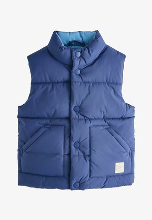 Veste sans manches matelassée bleue avec col montant, fermeture par boutons-pression, deux poches avant et doublure intérieure bleu clair.