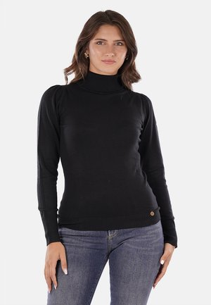 Maglione nero a maniche lunghe con collo a zampa, con polsini e orlo a coste, caratterizzato da un piccolo logo nella parte inferiore. Tessuto a maglia morbida.