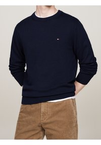 Dunkelblauer Strickpullover mit Rundhalsausschnitt und langen Ärmeln, mit einem kleinen rot-weißen Logo auf der linken Brust. Kombiniert mit braunen Cordhosen.