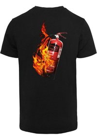 Black t-shirt featuring a printed red fire extinguisher with flames and the text "F**KIN' PROBLEMS" in bold white letters on the back.