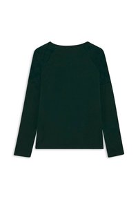 Camiseta negra de manga larga con cuello redondeado y mangas raglán, con una textura suave y un dobladillo recto.