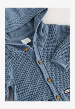 Modra pletena otroška jopa s kapuco, okrašena z lesenimi gumbi in izvezenimi očmi spredaj. Tkanina z teksturo in rebrasti manšeti.