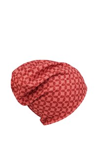 Red beanie hat made of soft fabric with a leaf pattern, featuring a slouchy design and textured appearance.