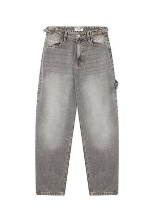 Jeans in denim grigio a vita alta con fronte sbiadito, cinque tasche, passanti per cintura e un dettaglio laterale per il martello.