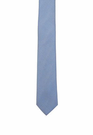 Blauer Krawatte mit einem geometrischen Diamantenmuster, gefertigt aus glattem Stoff. Die schmale Form verjüngt sich am Ende und hat eine spitze Spitze.