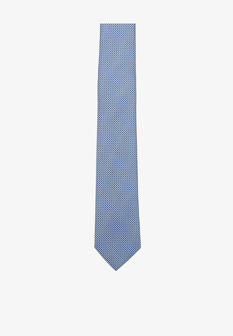 Blauer Krawatte mit einem geometrischen Diamantenmuster, gefertigt aus glattem Stoff. Die schmale Form verjüngt sich am Ende und hat eine spitze Spitze.
