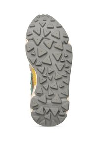 Suola in gomma con una superficie grigia e lugs triangolari per la trazione. I motivi in rilievo migliorano la presa e il marchio "Flower Mountain" è visibile.