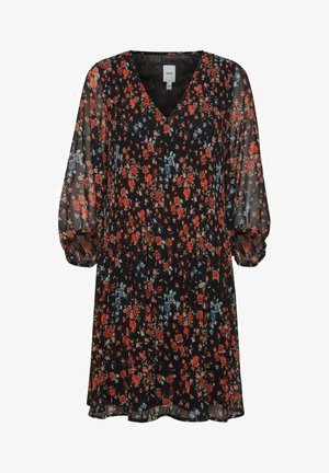 Robe noire à fleurs avec un décolleté en V, des manches longues bouffantes et une texture plissée ; présente des motifs floraux rouges et bleus sur un tissu transparent.