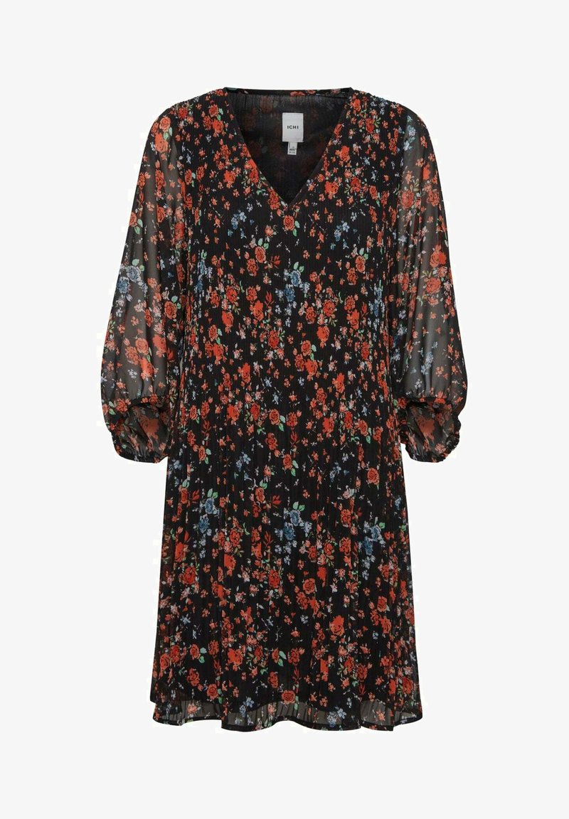 Rochie neagră cu flori, cu decolteu în V, mâneci lungi tip bufant și textură plisată; prezintă motive florale roșii și albastre pe un material transparent.