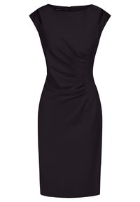 Schwarzes, knielanges Kleid mit kurzen Ärmeln, das auf der Vorderseite geraffte Details und einen verdeckten Reißverschluss auf der Rückseite hat. Glatte Stoffstruktur.