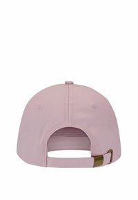 Lichtroze pet, katoenmateriaal, gestructureerd ontwerp, ronde kroon, verstelbare strap aan de achterkant met gouden hardware, effen textuur.
