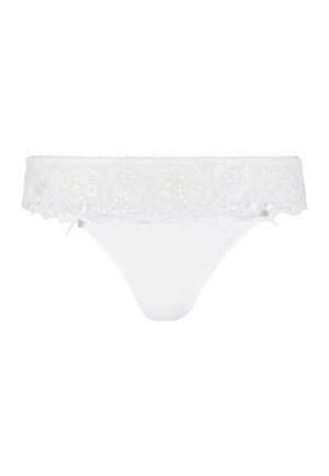 White lace thong with floral embroidery, smooth fabric, scalloped trim, and small bow accent at the side for detailed decoration.
