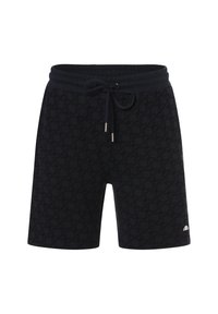 Shorts negros con un patrón texturizado, cintura elástica y cierre de cordón. Presenta acentos de hardware plateado en los extremos de los cordones.