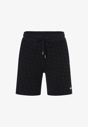 Shorts negros con un patrón texturizado, cintura elástica y cierre de cordón. Presenta acentos de hardware plateado en los extremos de los cordones.