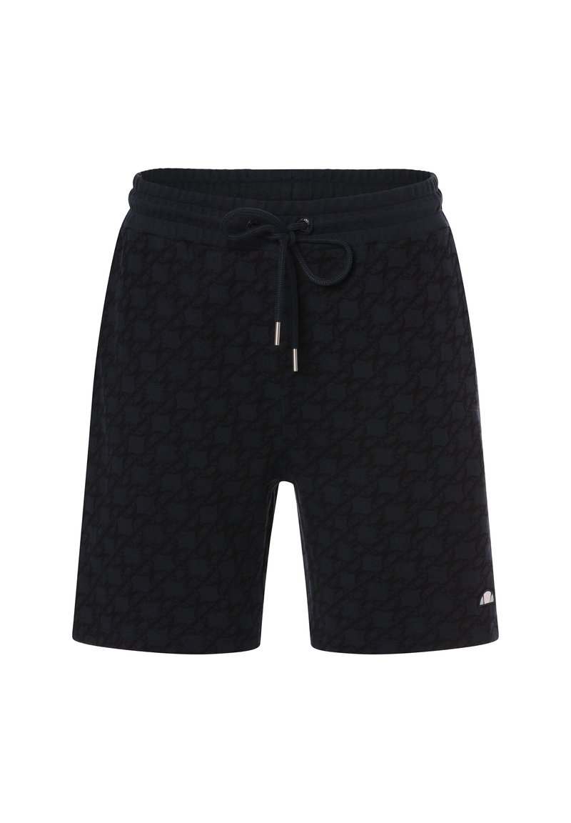 Shorts negros con un patrón texturizado, cintura elástica y cierre de cordón. Presenta acentos de hardware plateado en los extremos de los cordones.