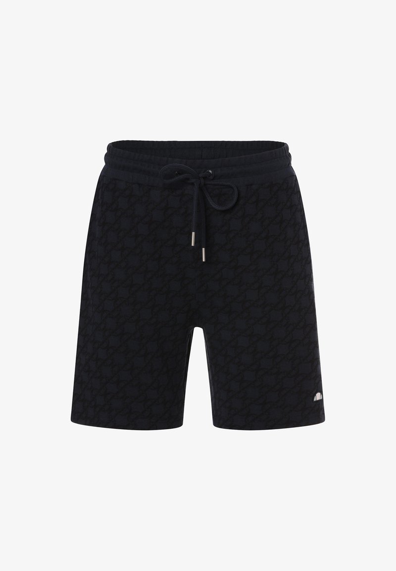 Shorts negros con un patrón texturizado, cintura elástica y cierre de cordón. Presenta acentos de hardware plateado en los extremos de los cordones.