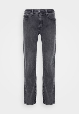 Gray denim jeans with a straight-leg cut. Features five pockets, visible stitching, and a classic waistband with a button closure.
