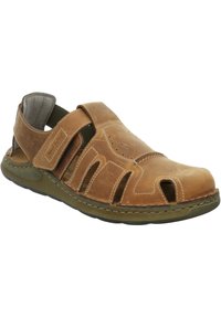 Brown leather sandal with open toe, Velcro strap, and cut-out design. Features contrasting stitching and a cushioned, textured sole.
