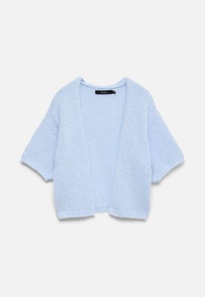 Šviesiai mėlynas megztinis kardiganas su atvira priekiu ir trumpomis rankovėmis, pateiktas išlygintas ant balto fono.