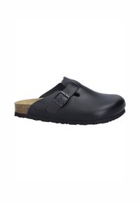 Zwarte leren clogs met een ronde neus en een enkele verstelbare gesp. Voorzien van een kurken voetbed en een rubberen loopzool voor grip en comfort.